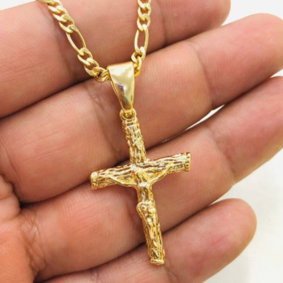 Yellow Gold Filled Rustic Cross Necklace with Figaro Chain 24" for Mens Womens - Picture 1 of 8